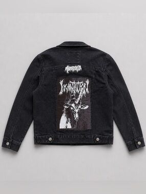 Mudd Black Denim Battle Jacket with Custom Black Metal Patches – Size Medium